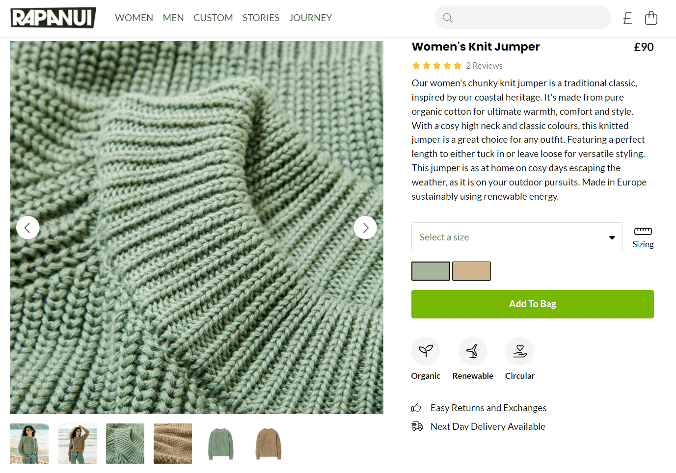 Close-up of women's sage green knit jumper by Rapanui, crafted from organic cotton