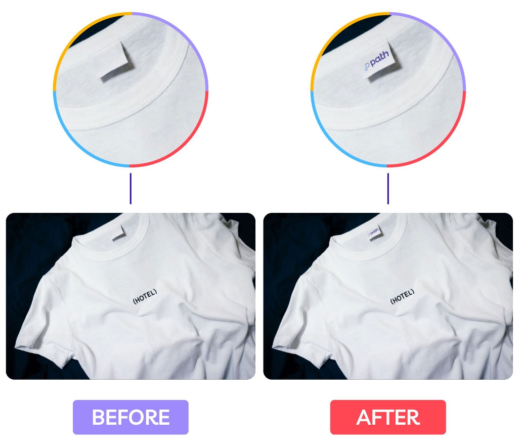 Comparison of white t-shirt with neck label modified from blank to 'Path' label