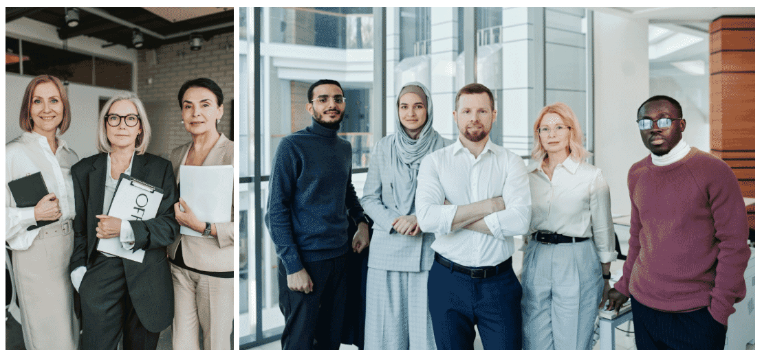 two group shots, side by side, the group shot on the left has three older women standing and the group shot on the right has five diverse adults standing