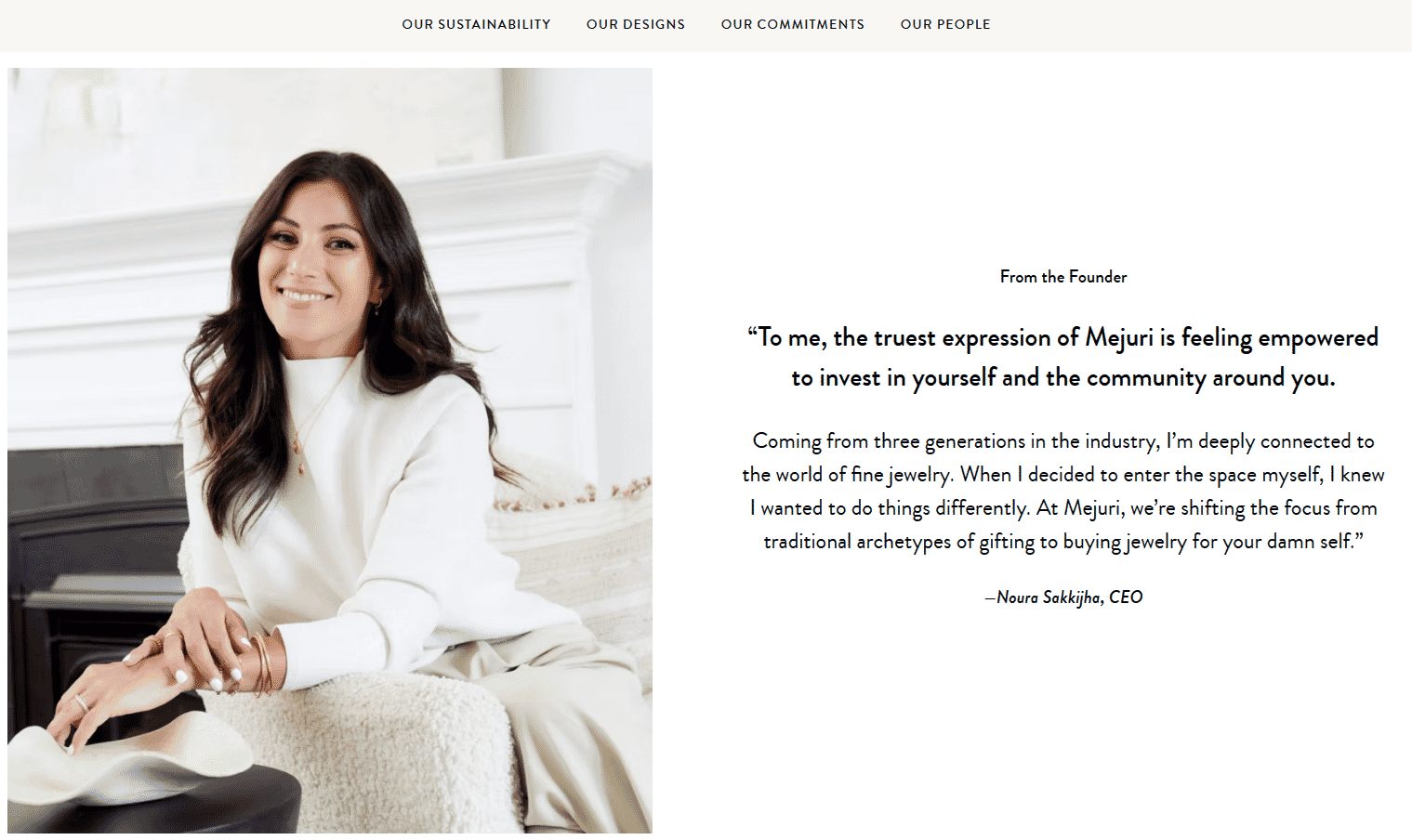 Mejuri meet the founder page with text and portriat