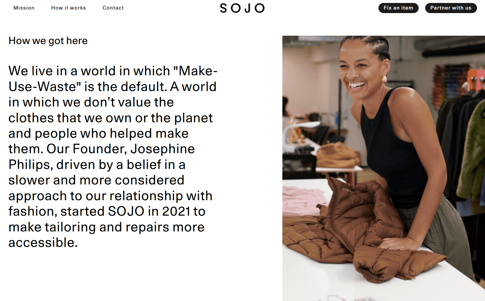 Sojo about us page with the founder photo at a design table and some text about the brand