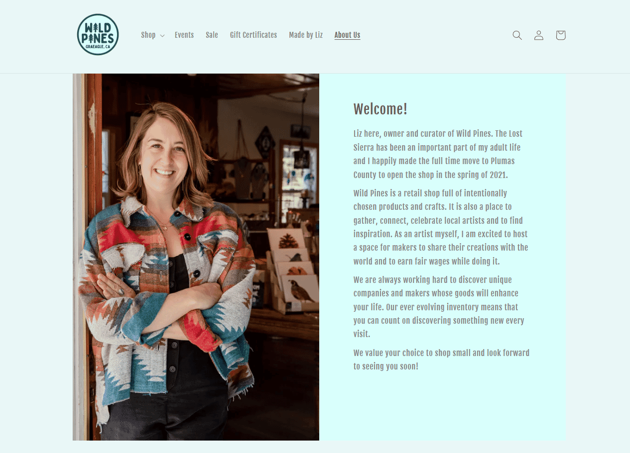 Wild Pines about page with a photo and text about the founder