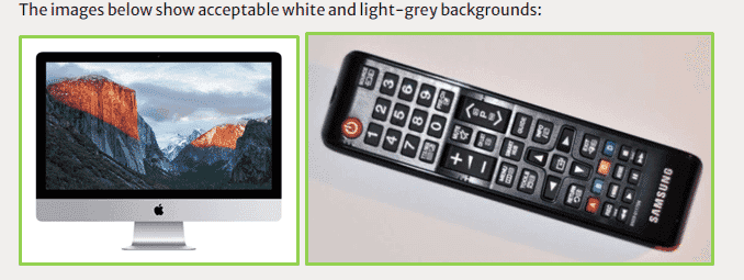 Examples of product photos with acceptable white and light-grey backgrounds, including a monitor and remote