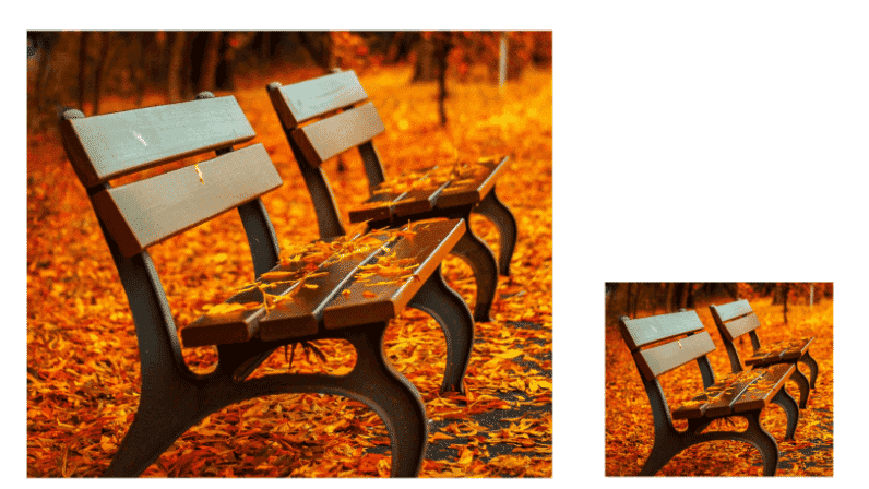 Two benches in a park covered with autumn leaves, displayed in different image sizes