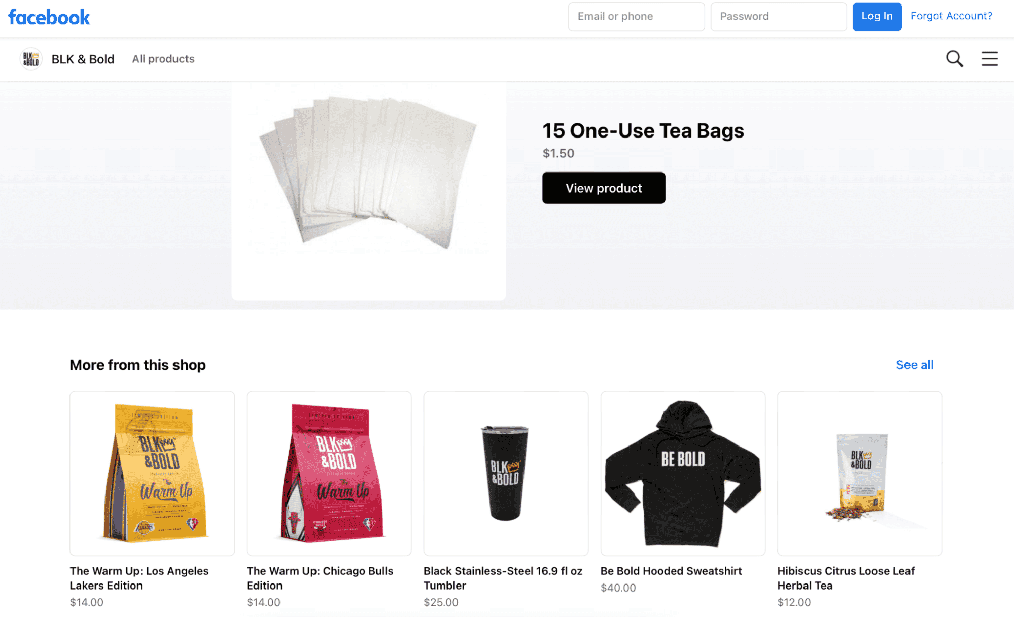 BLK & Bold Facebook shop display with products including tea bags, coffee blends, tumbler, and hoodie
