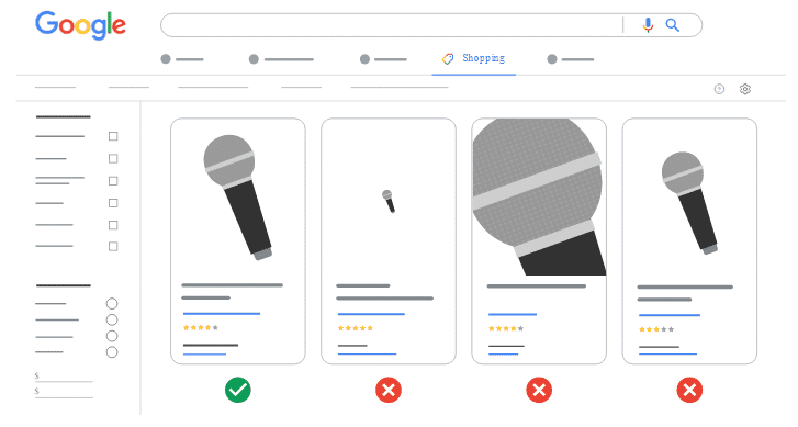 Example of correct and incorrect product image sizing for a microphone on Google Shopping