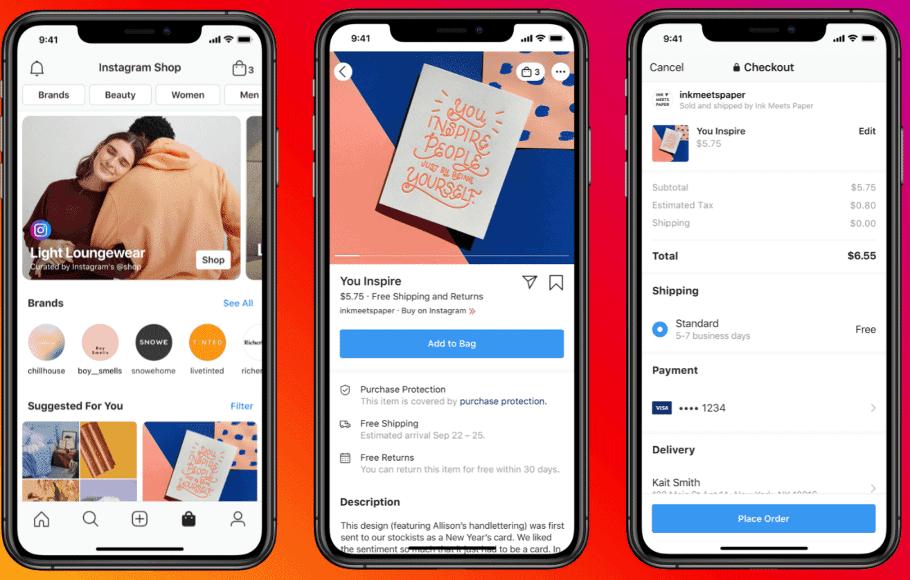 Three screens showing Instagram Shop product display, item details, and checkout for a greeting card