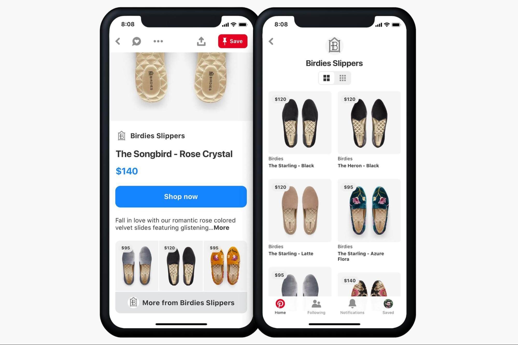 Pinterest shopping display showing Birdies slippers with different styles and prices, including "The Songbird" and "The Starling"