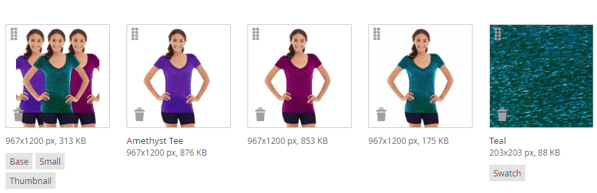 Display of product image variants for a tee in different colors with swatch and file sizes