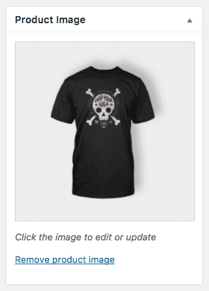 WooCommerce product image preview for a black t-shirt with skull and crossbones design
