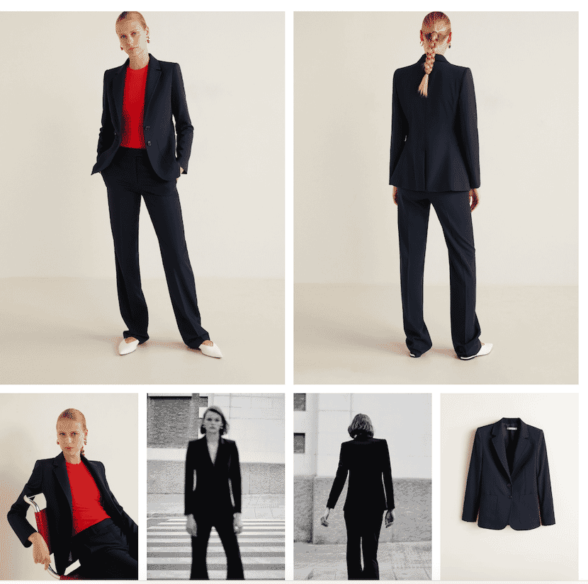 Woman in navy suit and red top shown from front and back with close-ups and black-and-white photos.