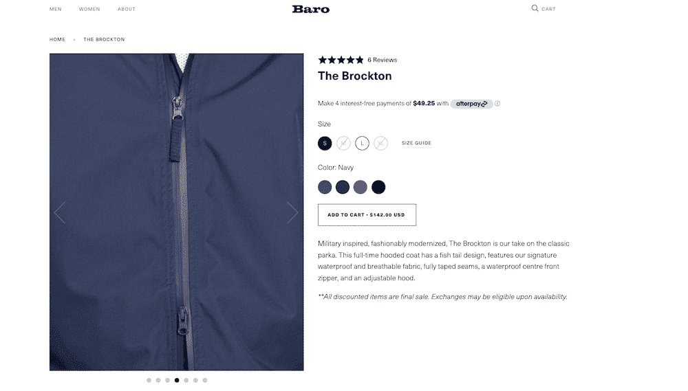 Close-up of The Brockton navy parka with zipper detail, available for purchase on Baro’s product page.