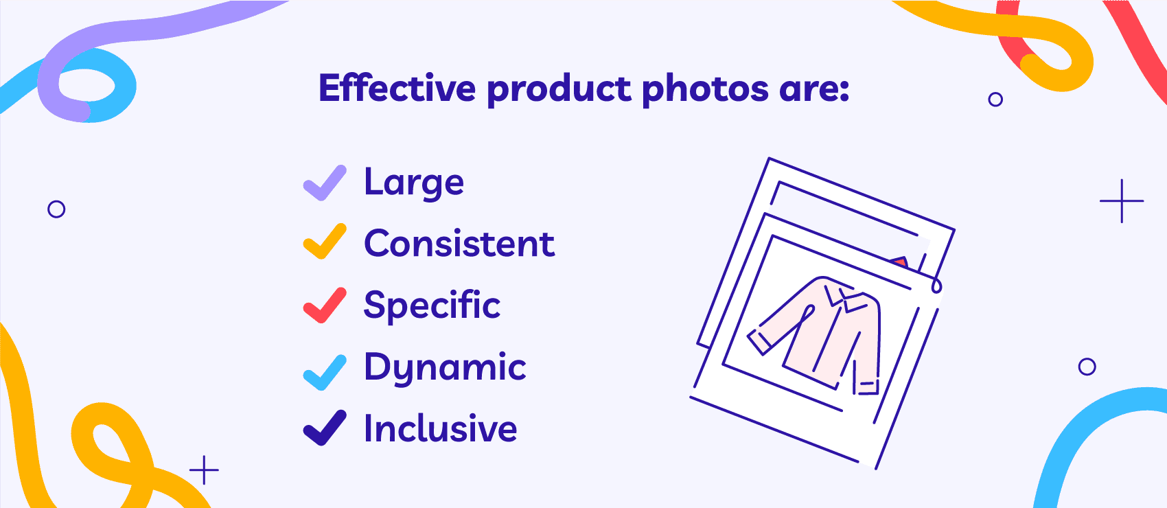 Illustration listing qualities of effective product photos: large, consistent, specific, dynamic, inclusive.