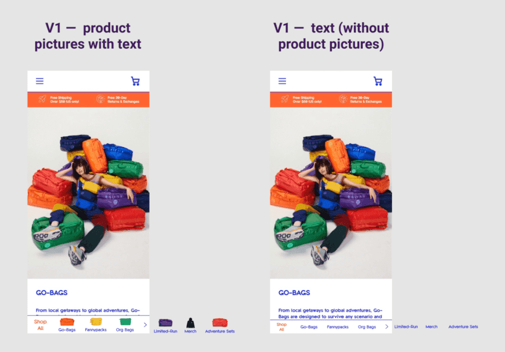 Side-by-side comparison of GO-BAGS website with product images and text options on mobile layout.