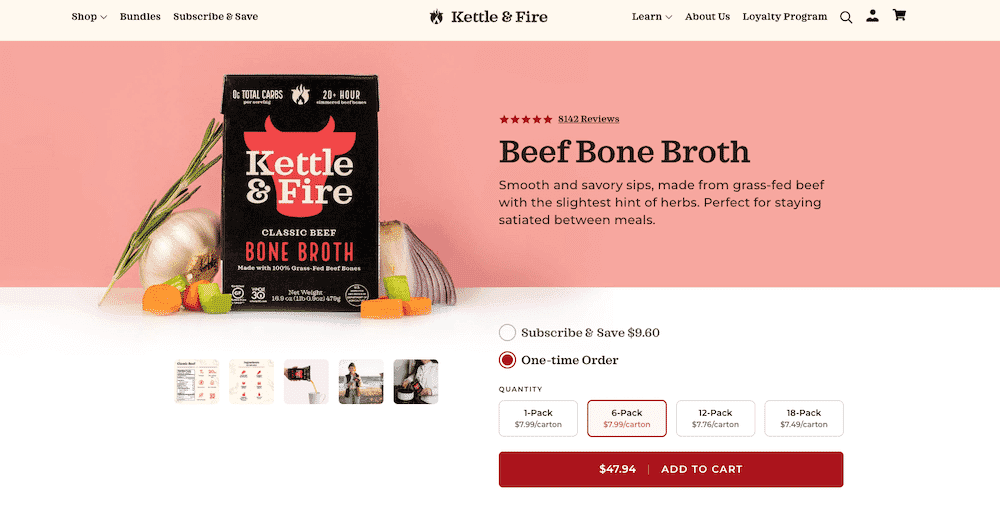 Kettle & Fire beef bone broth packaging with vegetables, highlighting subscription options and grass-fed ingredients.