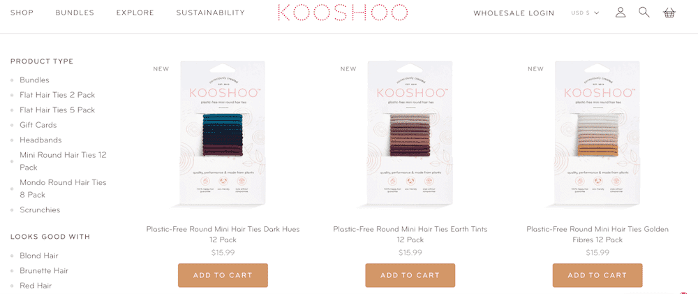 KOOSHOO product page displaying plastic-free mini hair ties in various colors, available in 12 packs.