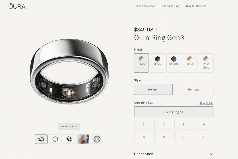 Oura Ring Gen3 in silver finish displayed with style, size options, and pricing on product page.