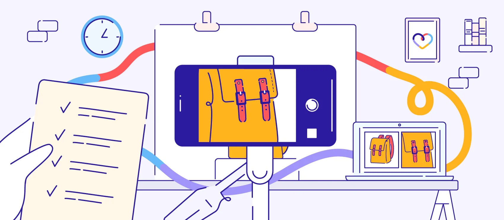 Illustration of product photography setup with smartphone on tripod, checklist, and laptop showing product photos.