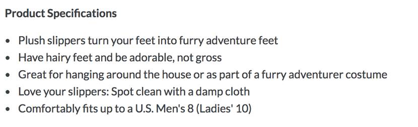 Product specifications for plush furry adventure slippers with details on size, cleaning, and uses