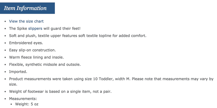 Detailed item information for Spike slippers, including material, comfort features, size, and weight