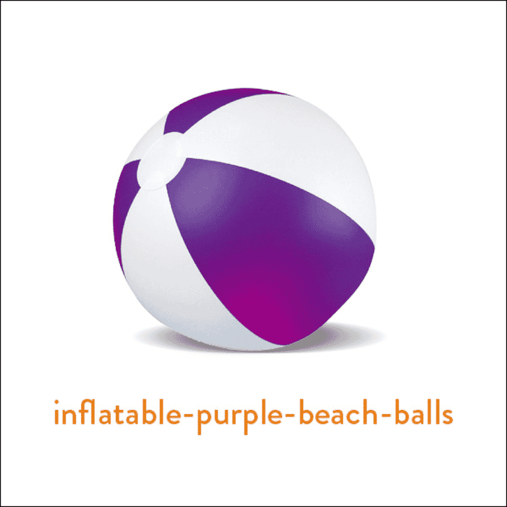 Purple and white inflatable beach ball displayed with descriptive filename below.