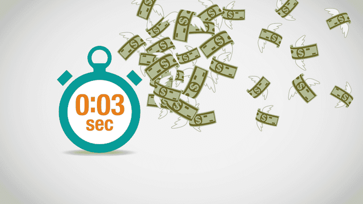 Illustration of a stopwatch at 3 seconds with flying dollar bills symbolizing fast financial loss.