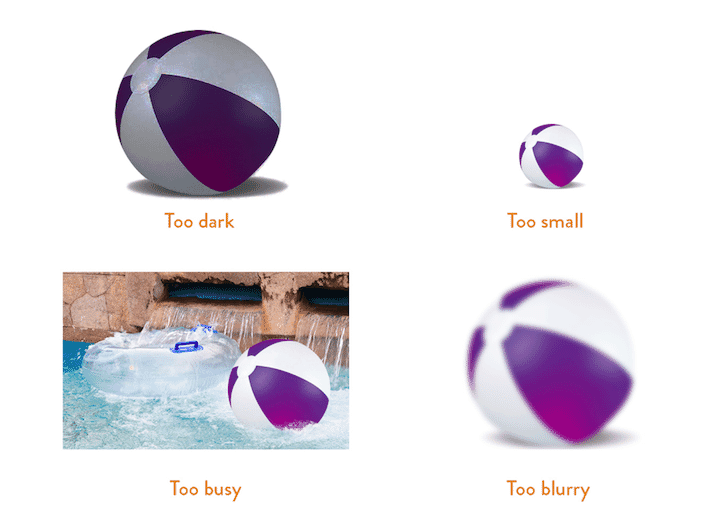 Four examples of product image issues: too dark, too small, too busy, and too blurry images of a purple and white beach ball.