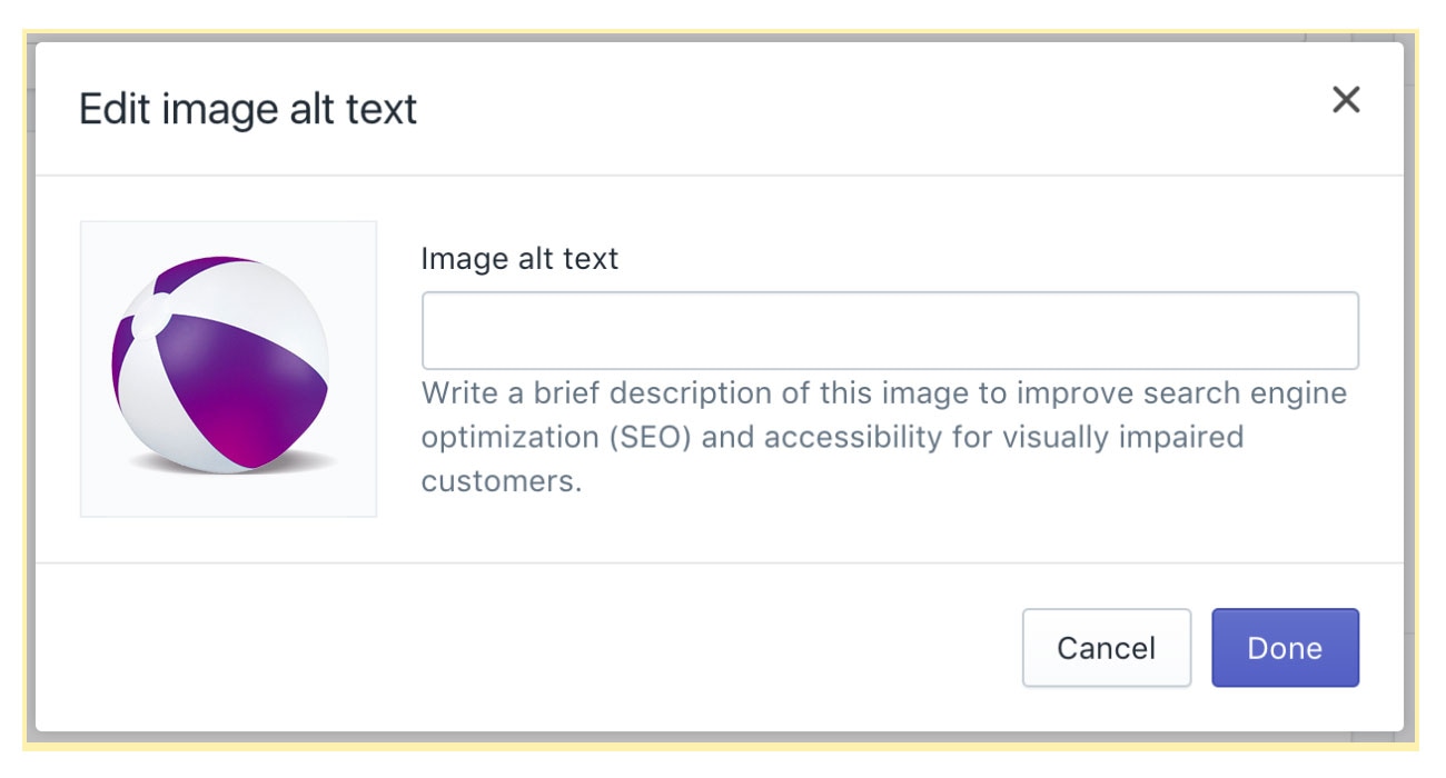 Shopify interface for editing image alt text to improve SEO and accessibility.