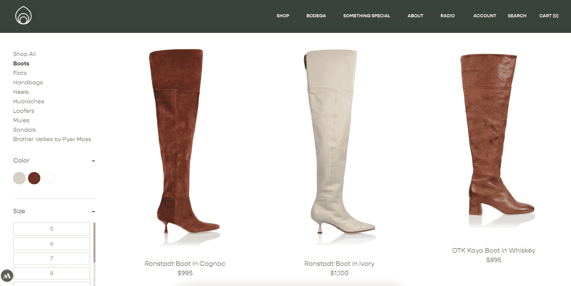 Product page featuring Brother Vellies tall boots in cognac, ivory, and whiskey colors with size options