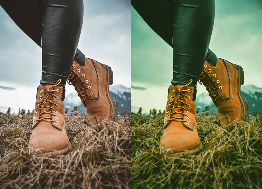 Side-by-side comparison of outdoor boot photo before and after color editing for enhanced warmth