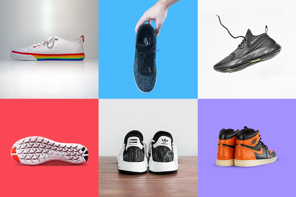 Collage of shoe product photos on colorful backgrounds showcasing various angles and styles for ecommerce