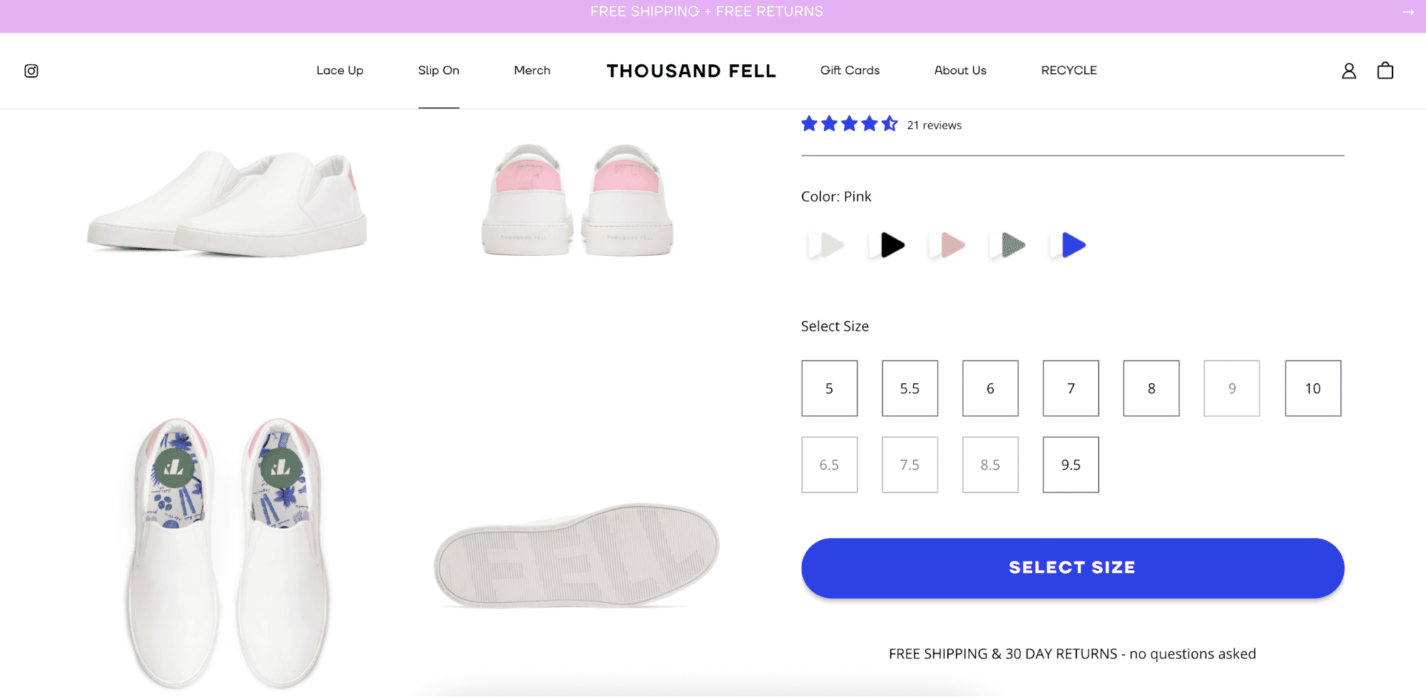 Thousand Fell slip-on sneakers product page with multiple views, color options, and size selection