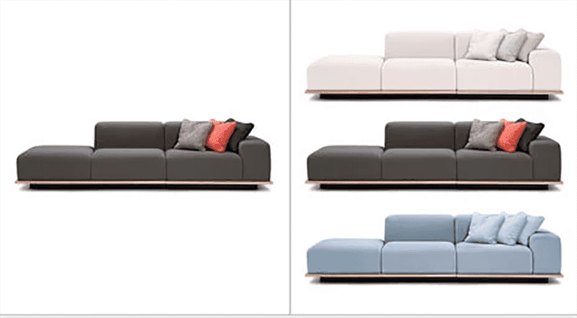 Sofa shown in multiple color variants, including gray, white, and blue, showcasing color change editing for product variety.
