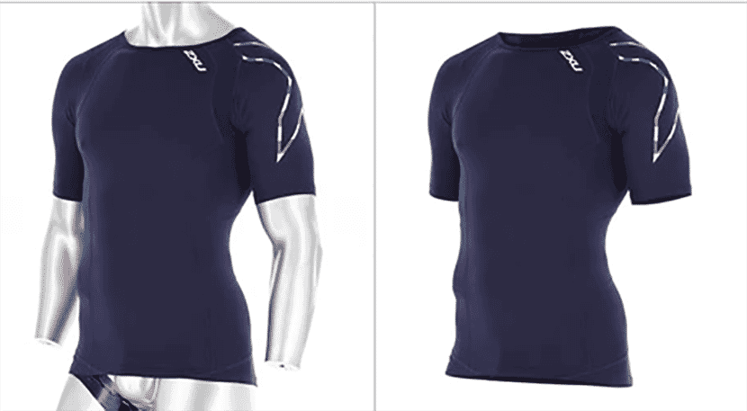 Side-by-side comparison of a navy compression shirt on a mannequin versus isolated with ghost mannequin effect applied.
