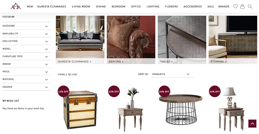 Pavilion Broadway website showcasing discounted furniture items with filter options for category, brand, material, and color.