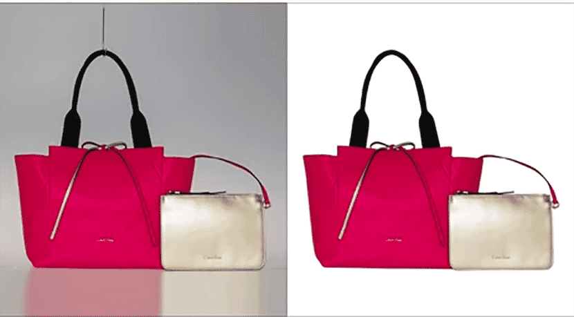 Side-by-side comparison of a pink tote bag and gold pouch with original background versus isolated on white after clipping path application.