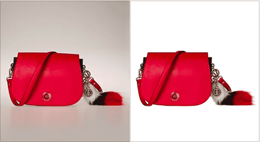 Comparison of a red handbag with original background versus isolated on a white background after background removal.