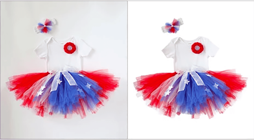 Comparison of a red, white, and blue tutu outfit before and after image masking, isolated on a white background.