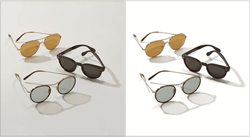 Side-by-side comparison of three pairs of sunglasses with original background versus isolated on white with added drop shadow.