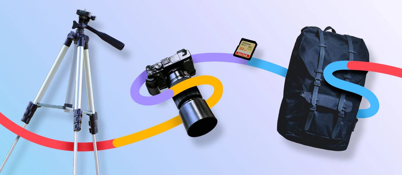 Photography essentials including tripod, camera, memory card, and backpack on a gradient background