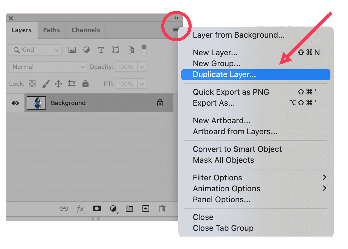 Photoshop Layers panel with Duplicate Layer option highlighted for background layer editing.