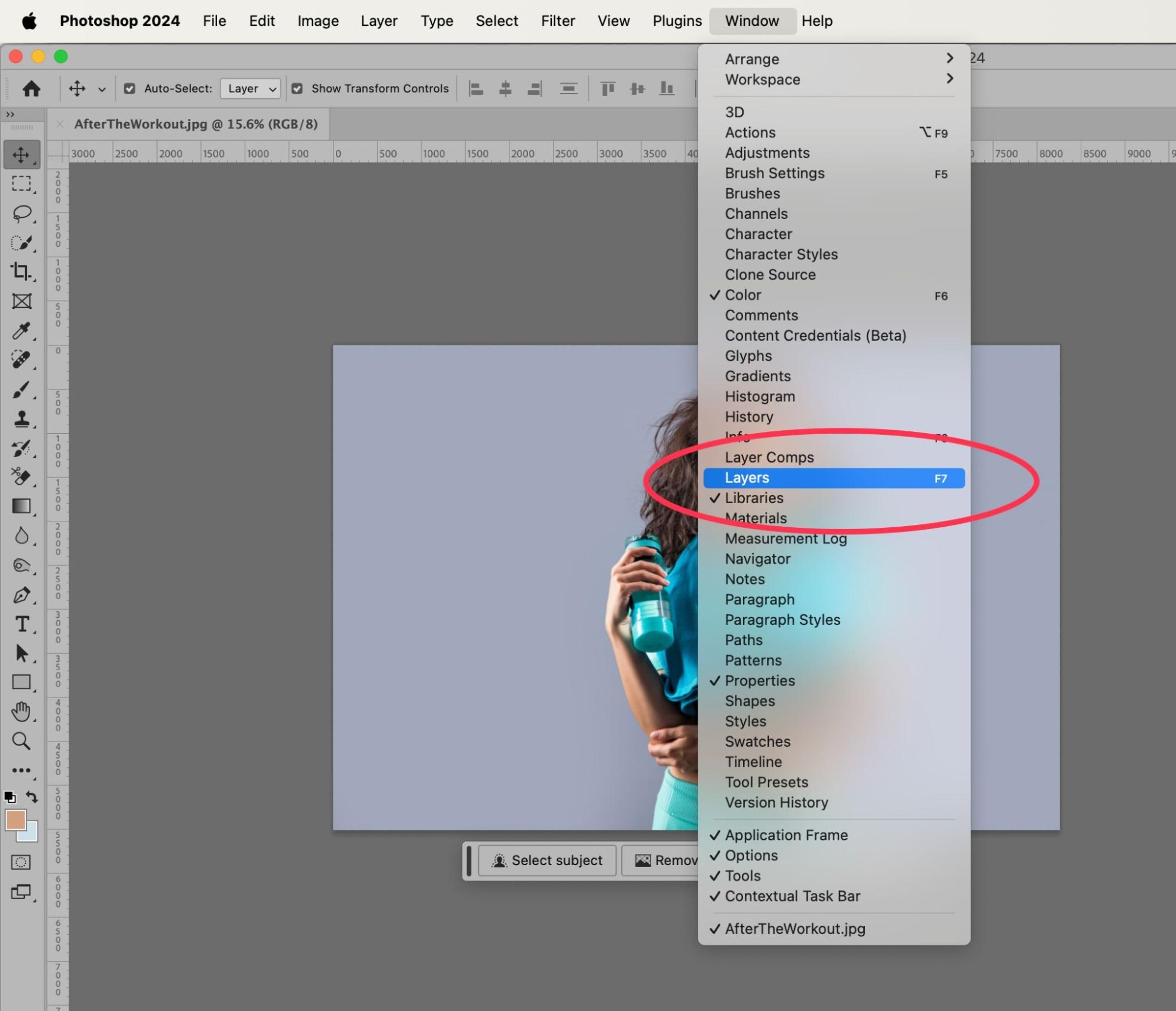 Photoshop 2024 interface showing Layers panel setup for background removal tutorial.