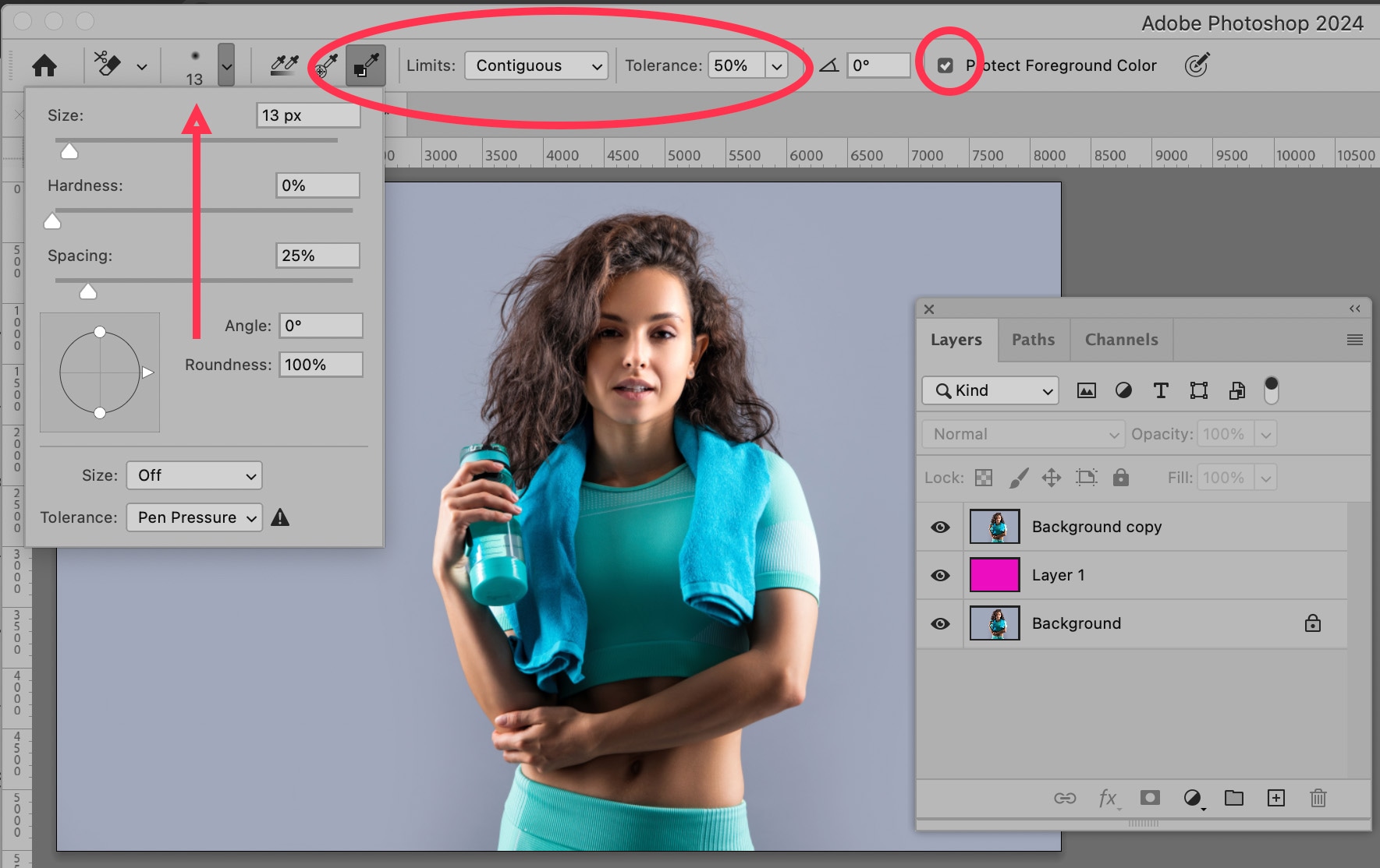 Photoshop Background Eraser Tool settings with Contiguous selected and far-right eyedropper icon for hair background removal.
