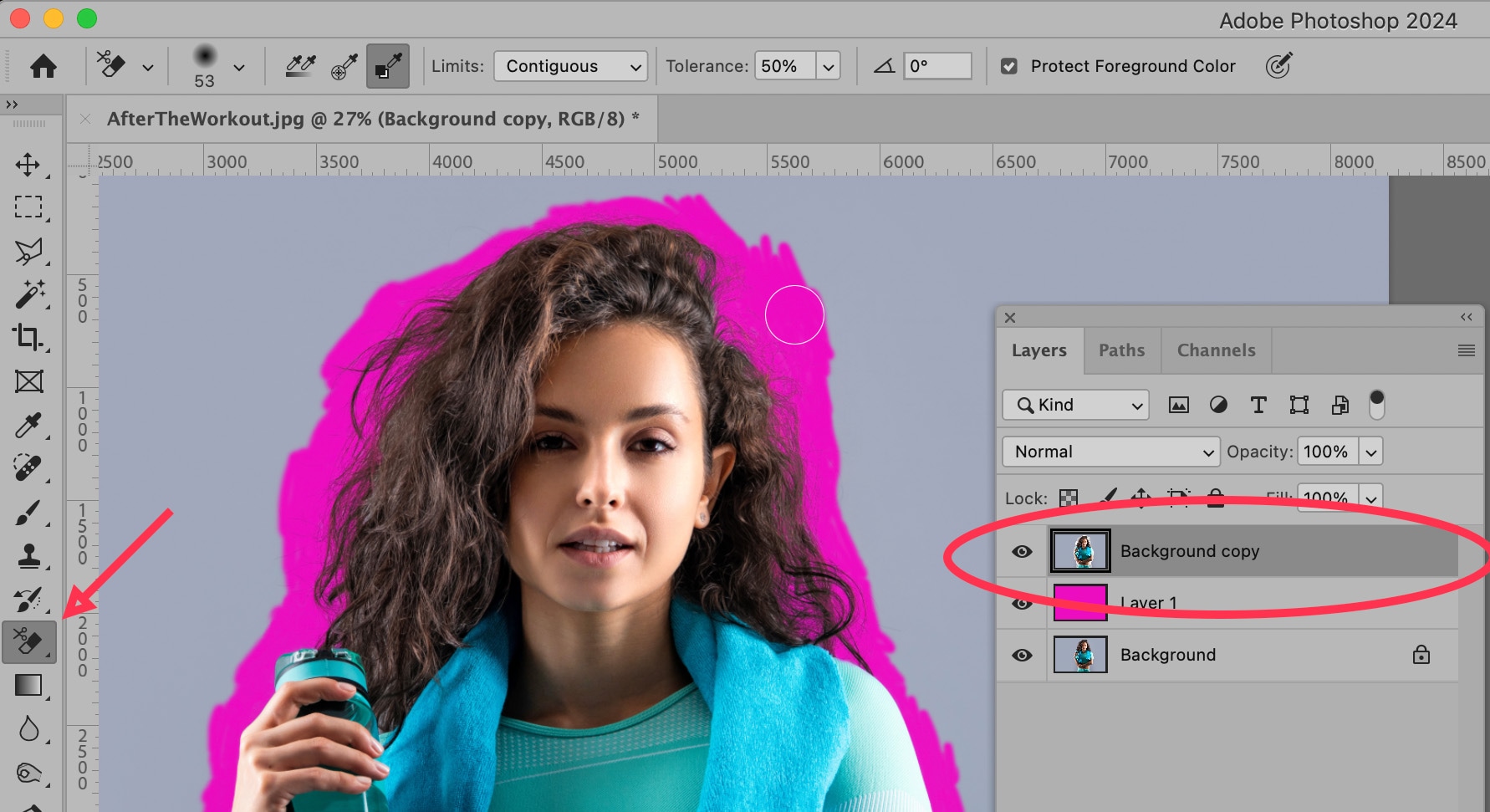 Photoshop Background Eraser Tool in action, removing background around hair with high-contrast layer showing progress.