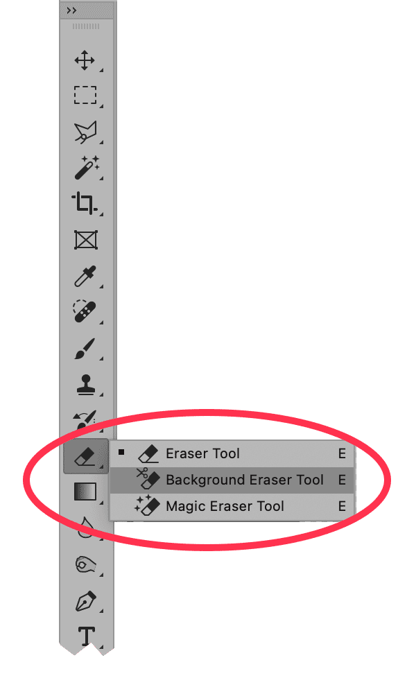 Photoshop toolbar with Background Eraser Tool selected for removing background around hair.