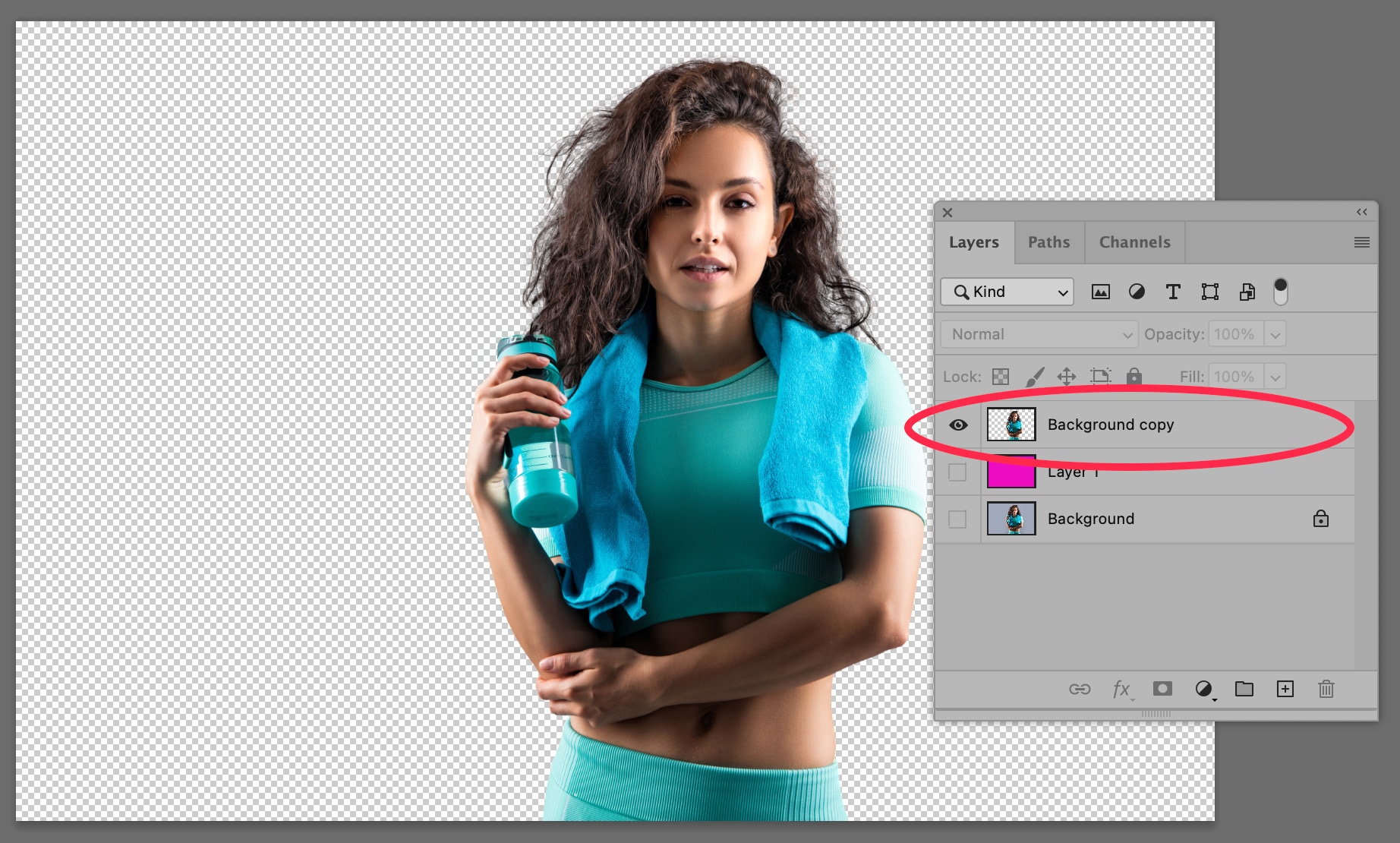 Photoshop Layers panel with bright color and original background layers hidden for background replacement.