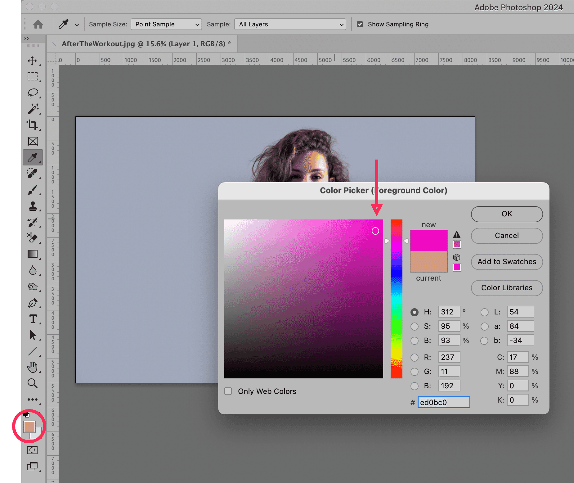 Photoshop Color Picker with bright pink foreground color selected for high contrast against gray background.