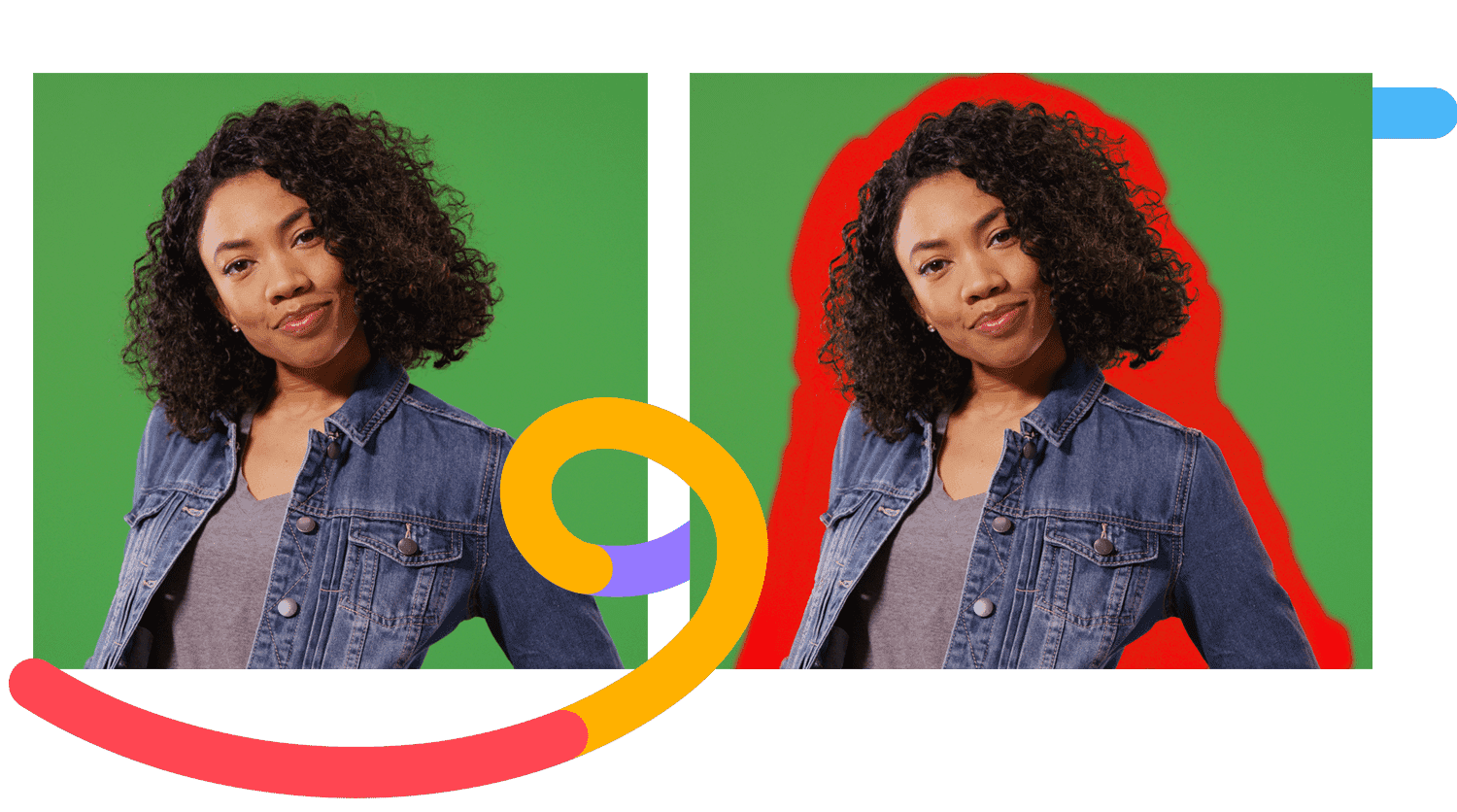 Side-by-side view showing green screen removal from hair in Photoshop with red background layer setup.