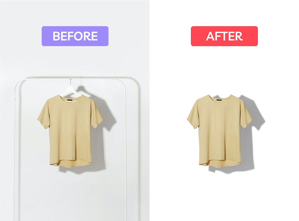 Before and after shadow editing of beige T-shirt on hanger, showing isolated background effect.