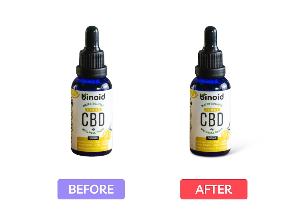 CBD oil bottle before and after drop shadow application on a white background